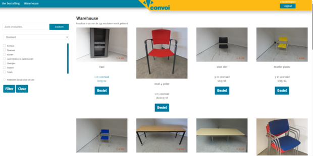 In de webshop kunnen inkopers van de Universiteit Utrecht (gratis) meubilair bestellen die bij andere locaties op de campus vandaan komen (bron: Convoi)