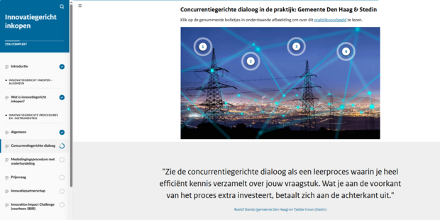 Screenshot van een e-learningpagina over 'Innovatiegericht inkopen'. Links staat een navigatiemenu met onderdelen zoals introductie en procedures. In het hoofdgedeelte staat de titel 'Concurrentiegerichte dialoog in de praktijk gemeente Den Haag & Stedin'. 